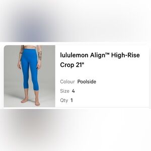 Lululemon 21” high rise align crop in poolside. Color is a super bright blue